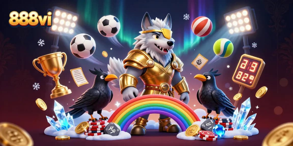 Bet on vibrant sports actions with 888vi's Norse mythology-inspired casino illustration.