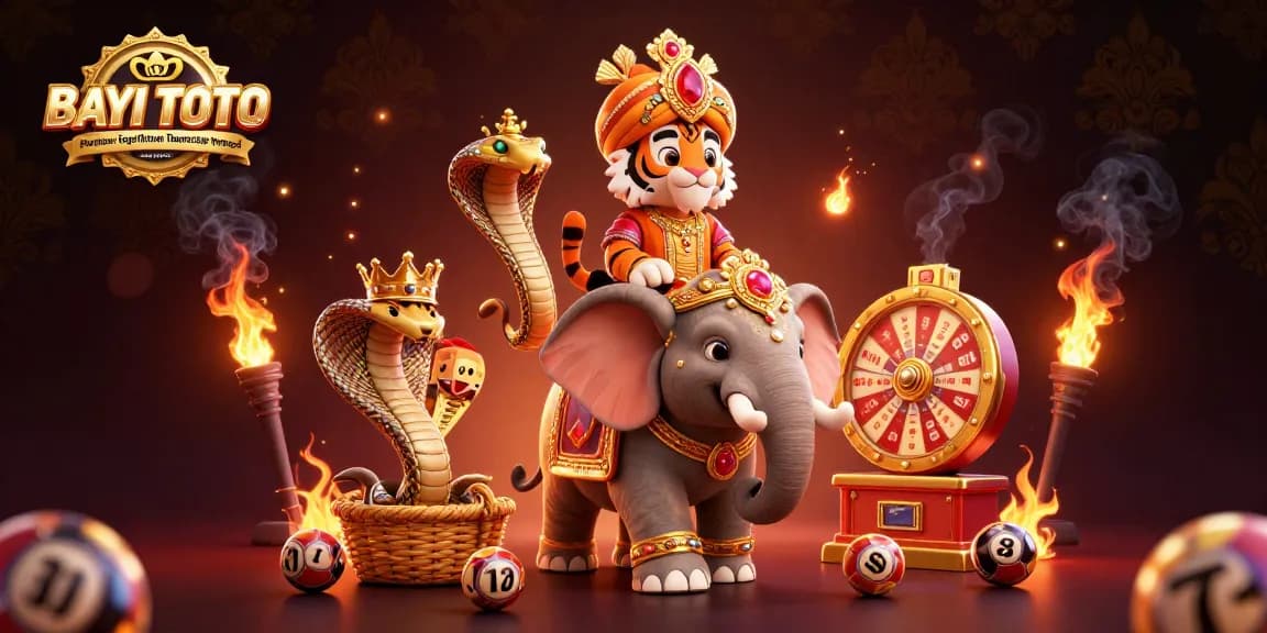 BAYITOTO Platform Togel Online Terpercaya BAYI TOTO dengan Peluang Menang Tinggi showcases vibrant lottery elements in a dynamic illustration.