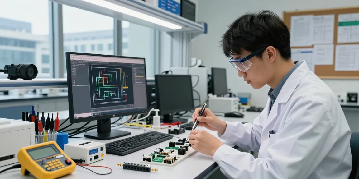 Engineer assembling IEC connectors in a modern lab with tools and electronic components
