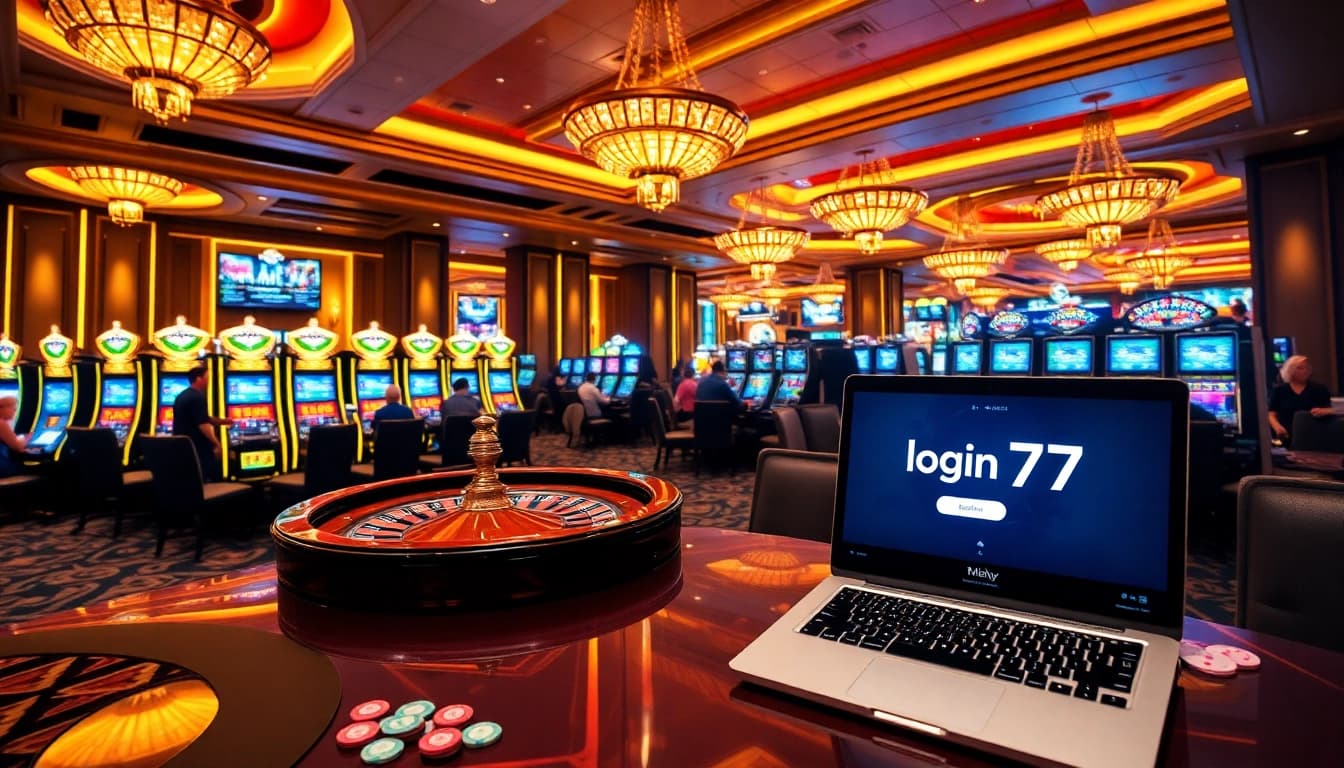 Engage with login seven77 at a vibrant casino, featuring elegant slot machines and gaming tables.