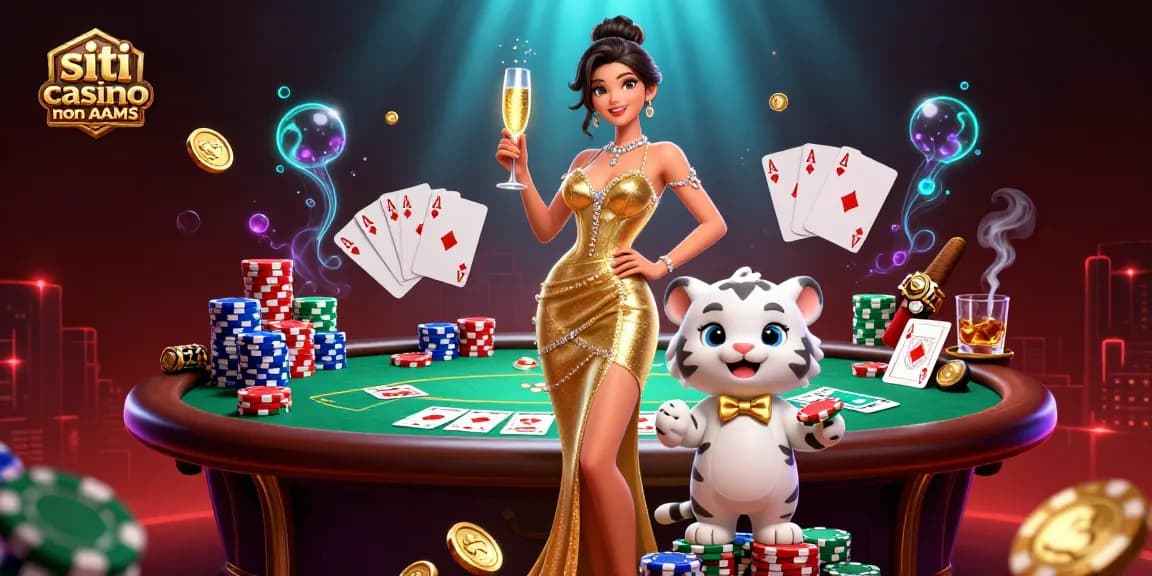 Interagisci con i migliori siti casino non AAMS con una donna glamour che celebra con fiches e una tigre fortunata.