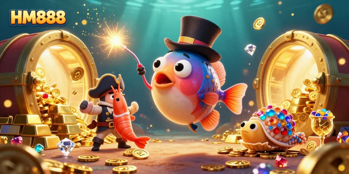 Catch golden coins with HM888 in this vibrant underwater casino scene featuring dynamic characters and sparkling treasures.