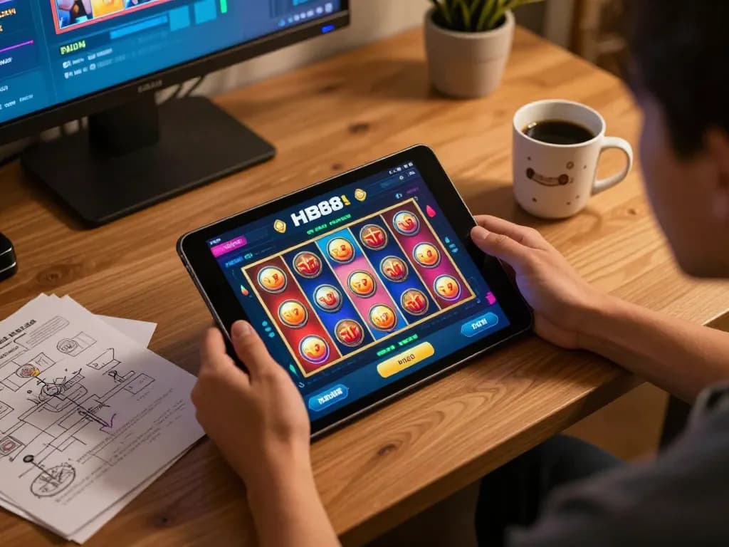 Player using HB88 app for online slots on tablet in cozy home setup