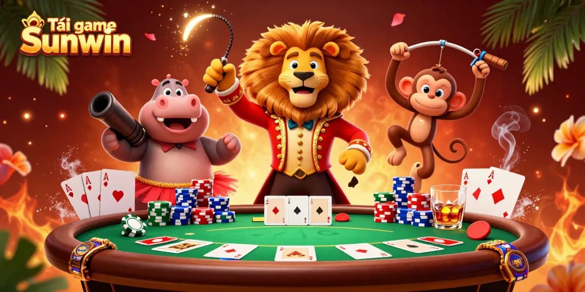 Tải game Sunwin with vibrant circus characters around a poker table in dynamic casino scene.