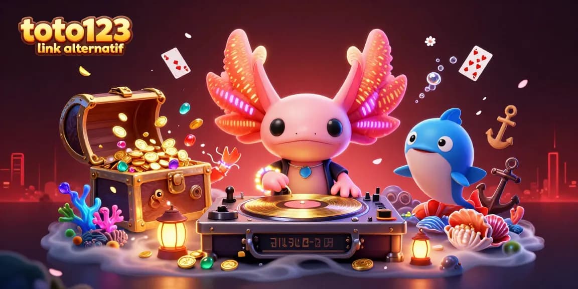 Engage with thrilling games at toto123 link alternatif as neon axolotl spins records underwater in vibrant casino scene.