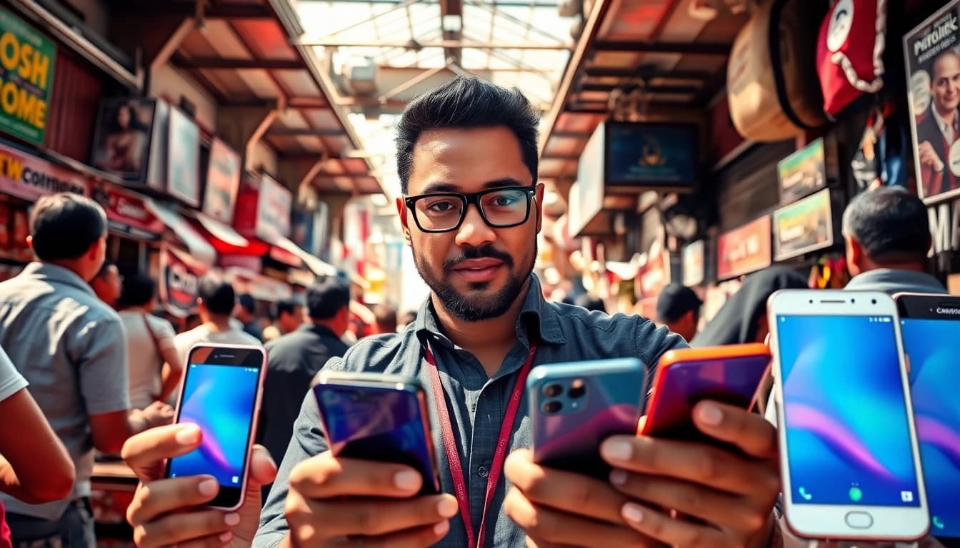 Engaging scene of a phone buyer Little Rock AR evaluating smartphones amid an active marketplace.