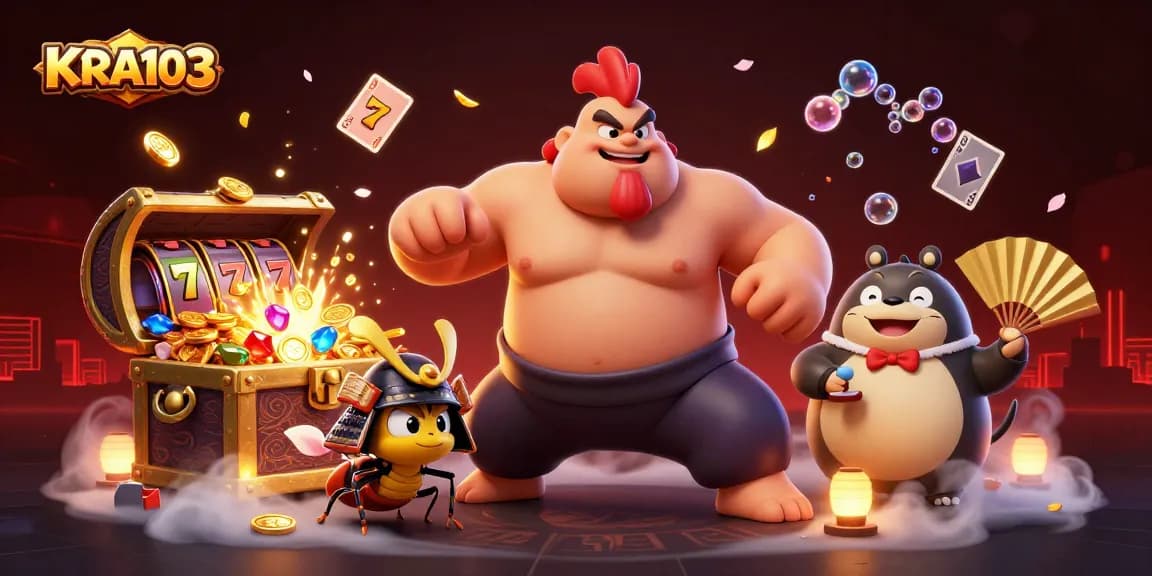 KRA103 showcases a powerful sumo wrestler rooster amidst vibrant slot reels and treasure, symbolizing casino excitement.