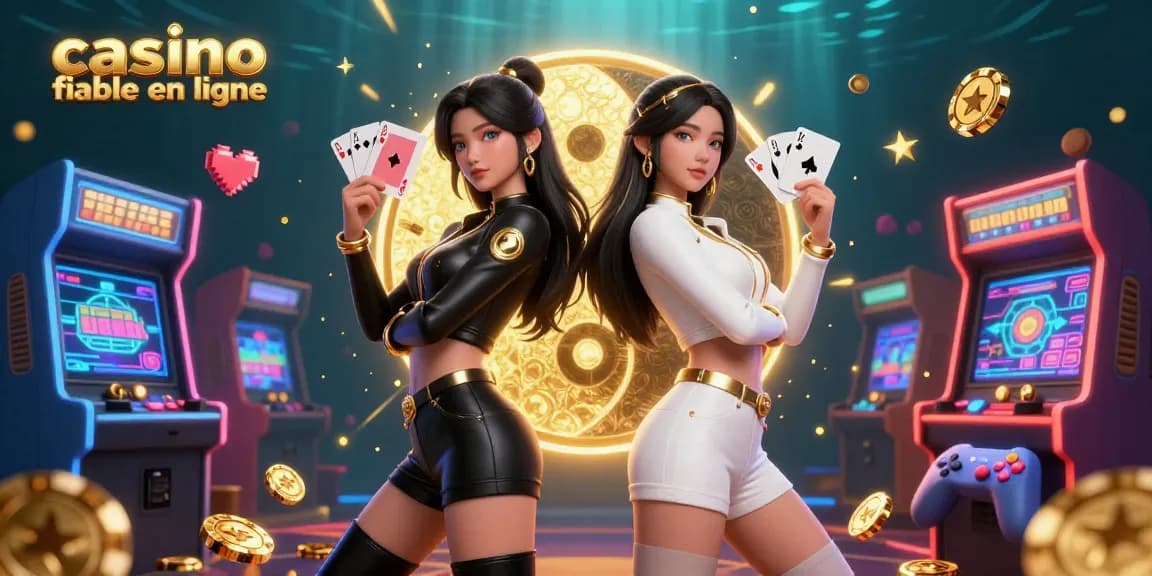Ressentez le frisson du casino fiable en ligne avec de magnifiques femmes asiatiques jumelles présentant des cartes à jouer vibrantes dans une illustration 3D immersive.