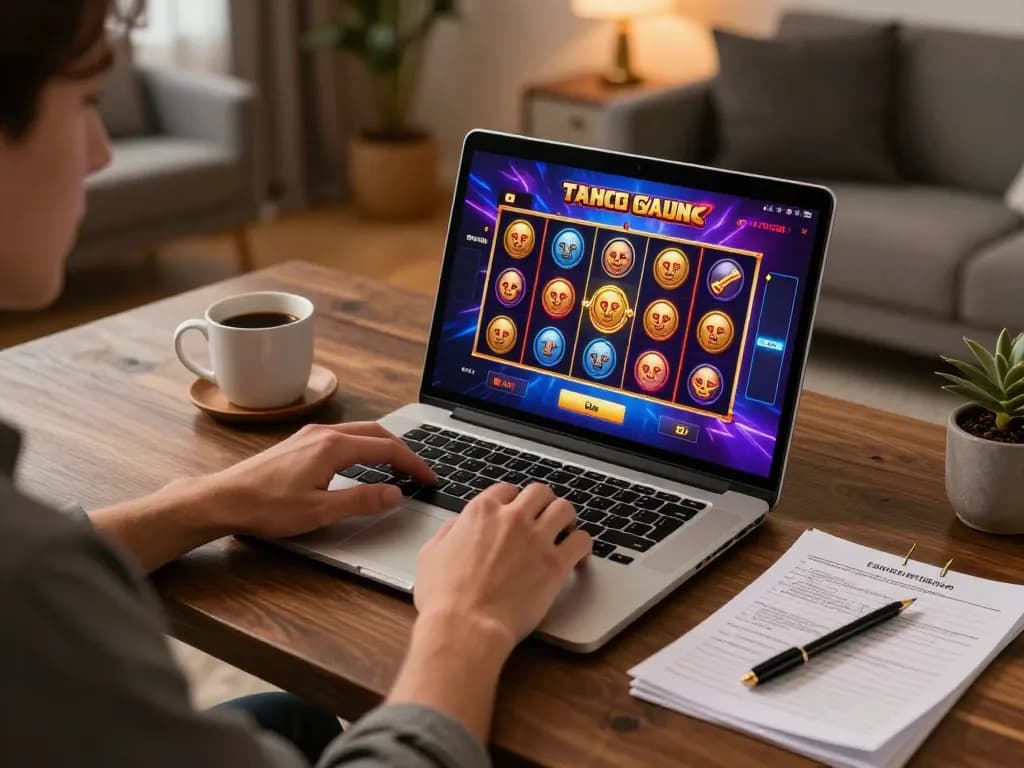 Player enjoying สล็อต games on a laptop, showcasing vibrant gaming interface in cozy home setting