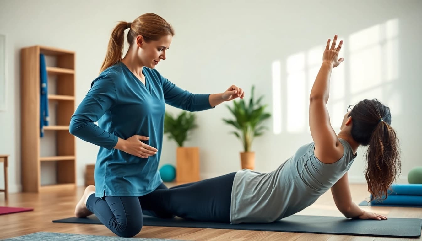 Learn how to relieve back pain through effective stretches shown in a welcoming clinic setting.