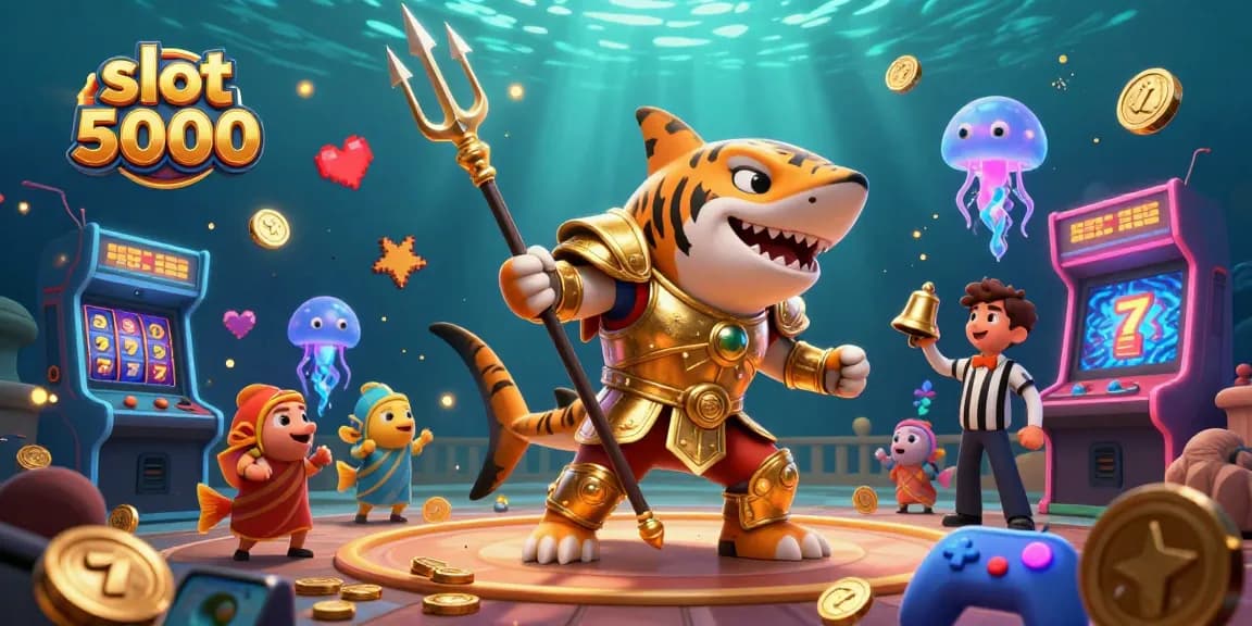 Experience the excitement of slot 5000 with a vibrant underwater casino scene featuring a gladiator shark and lively game elements.
