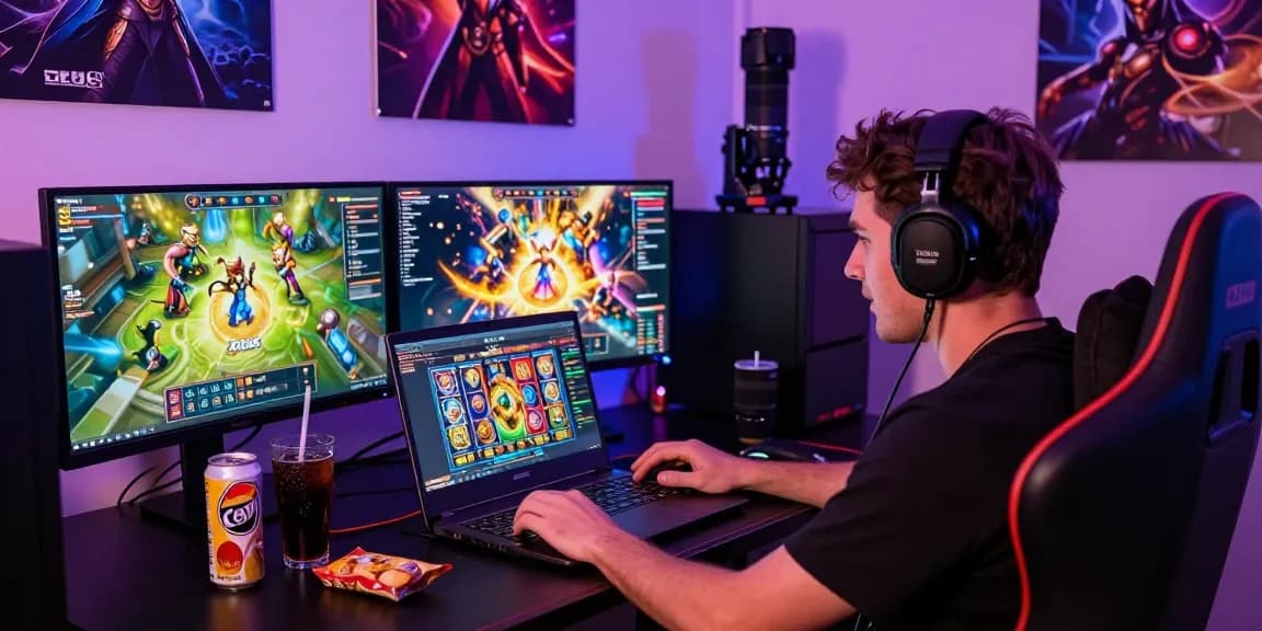 Player enjoying zeus slot game on a gaming laptop with engaging visuals.