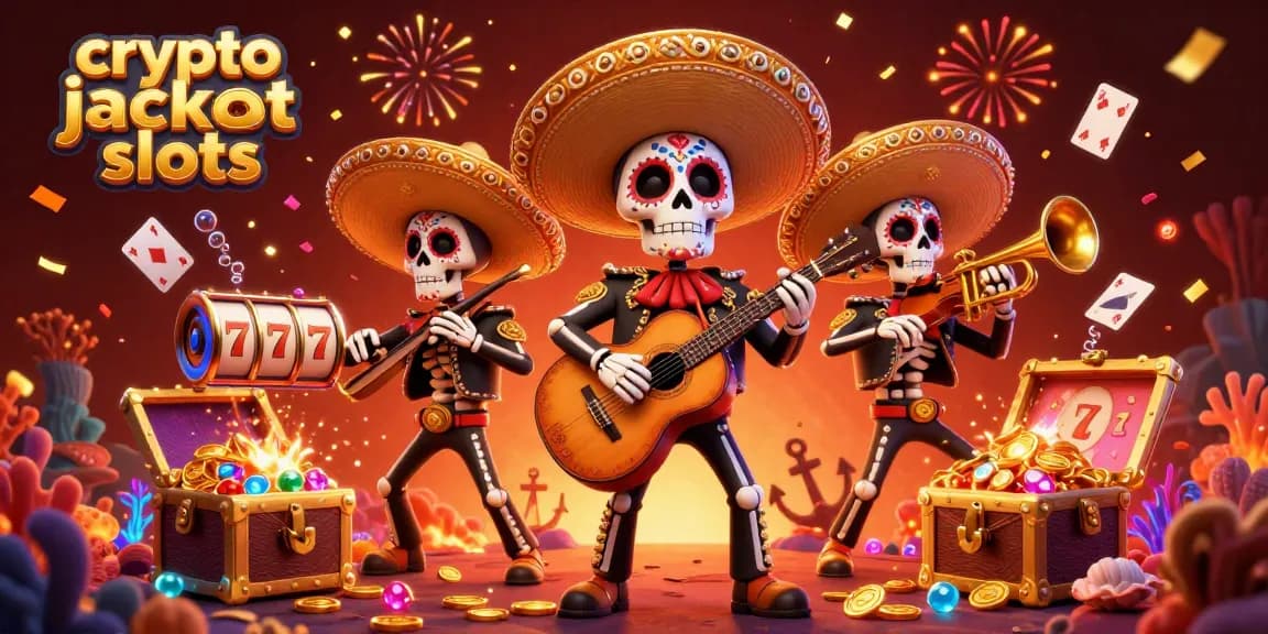 Experience the thrill of crypto jackpot slots surrounded by vibrant mariachi characters and festive elements.