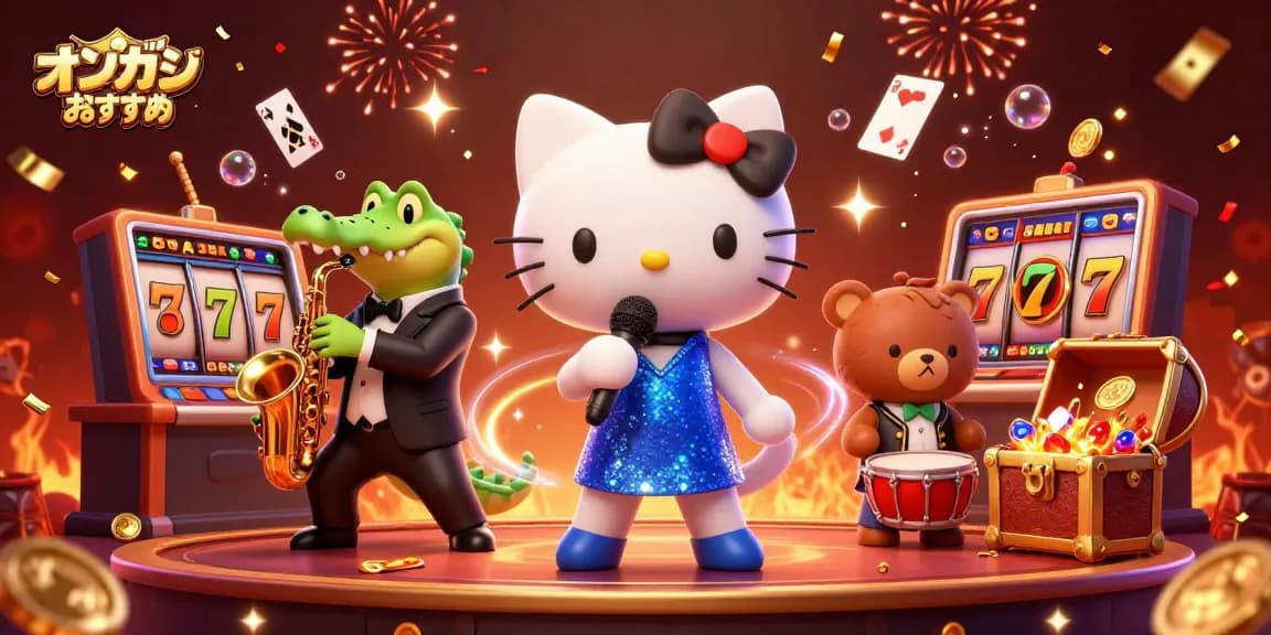 オンラインカジノおすすめにぴったりのシーンを描いた、猫のジャズシンガーとワニ、クマの共演