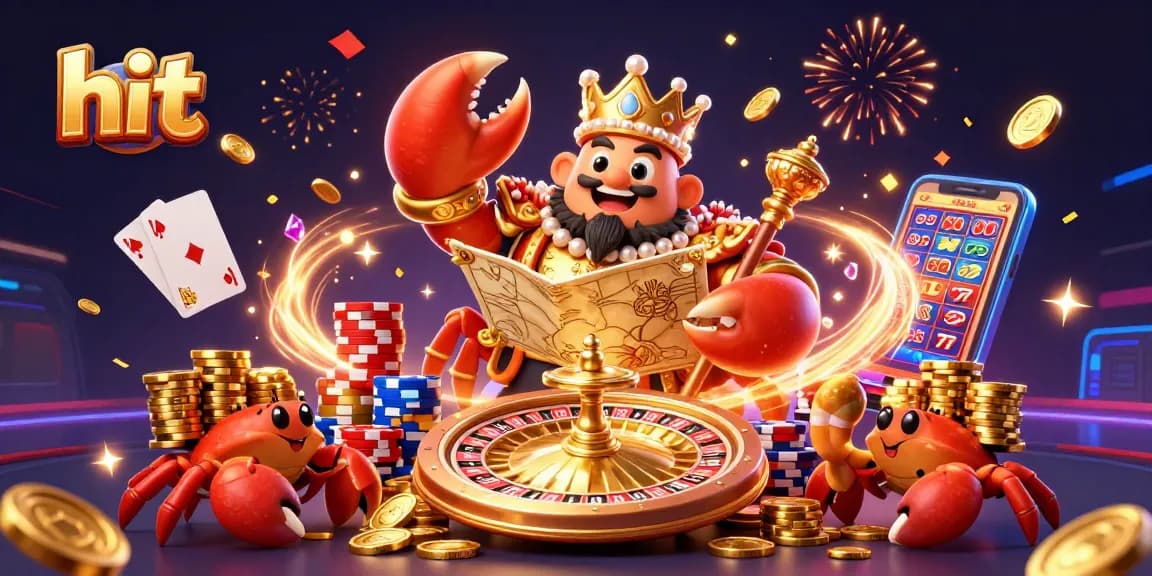 Hit the jackpot with a golden crab emperor in a vibrant, dynamic casino scene filled with coins and games.