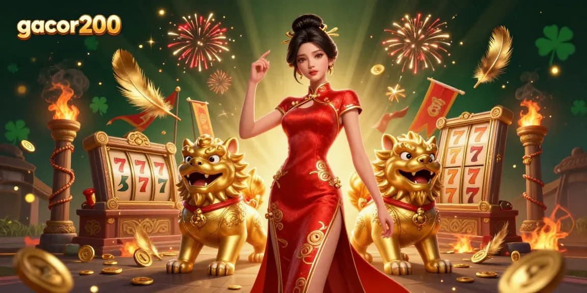 Experience excitement with gacor200 in this vibrant online casino illustration, featuring a glamorous character and dynamic gaming elements.