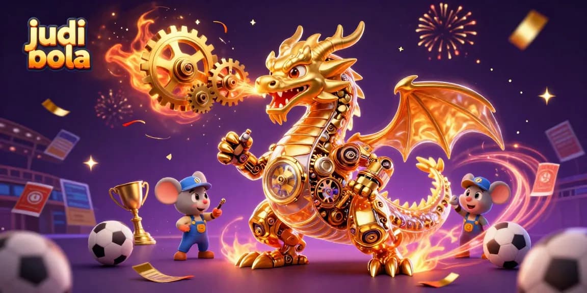 Engage in judi bola excitement with a golden dragon, sports elements, and a vibrant casino backdrop.