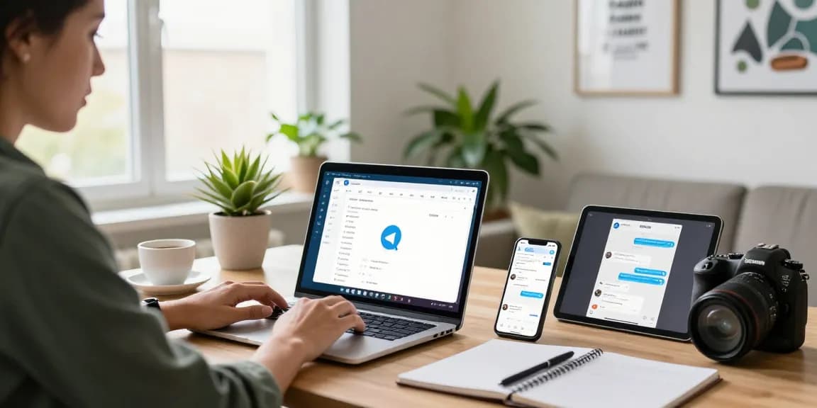 Instant messaging with 纸飞机中文版 app on modern workspace with natural light.