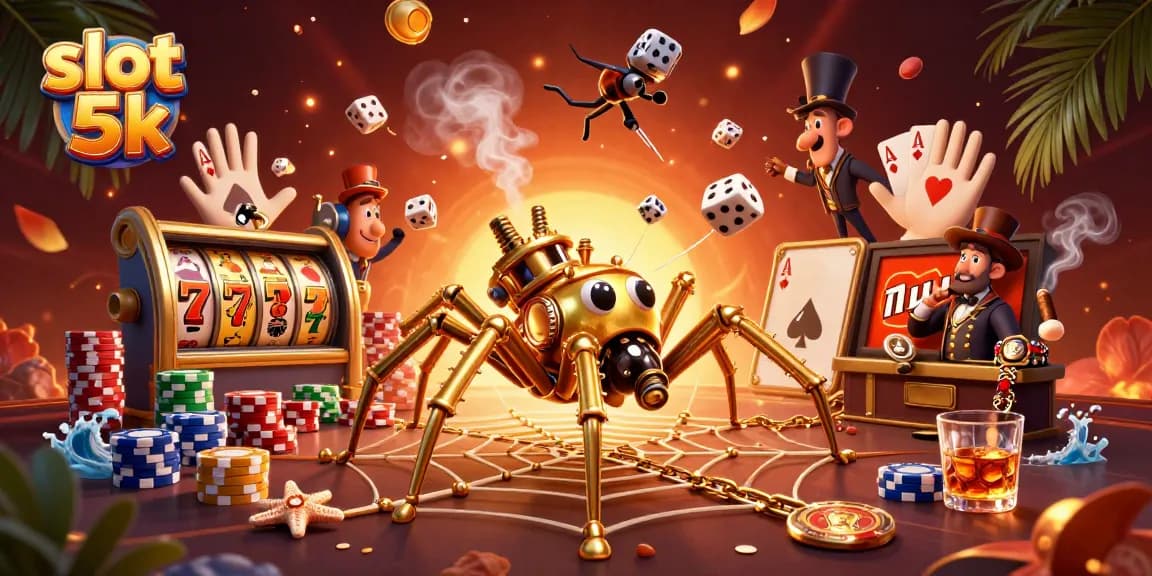 Spin the slot 5k machine with golden webs and vibrant poker chips creating immersive excitement.