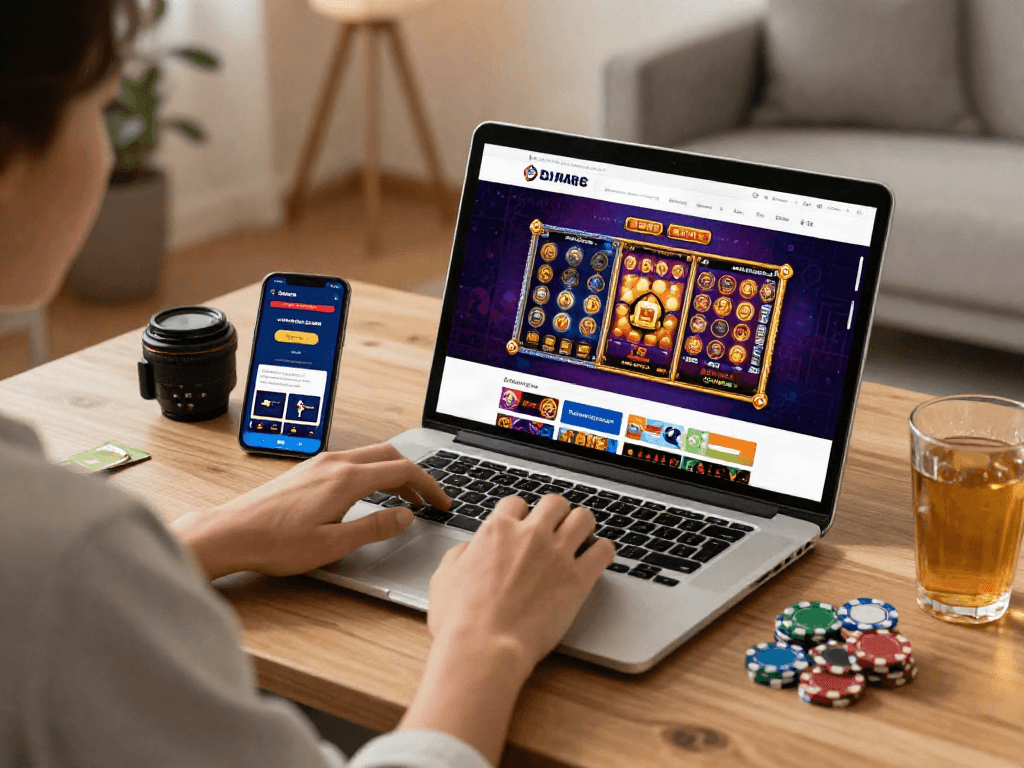 Pengguna menikmati LUXURY111 Link Alternatif di laptop, dengan permainan slot dan minuman di meja.