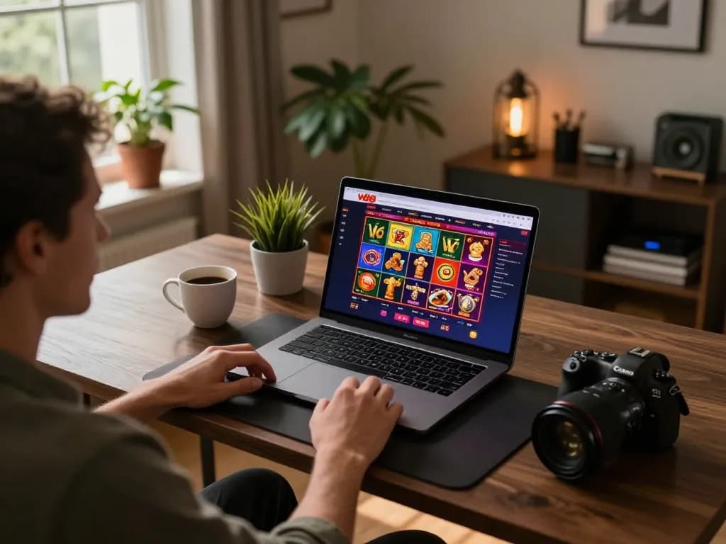 Enjoying a thrilling session on W 88 online casino while focusing on responsible gaming in a cozy home.