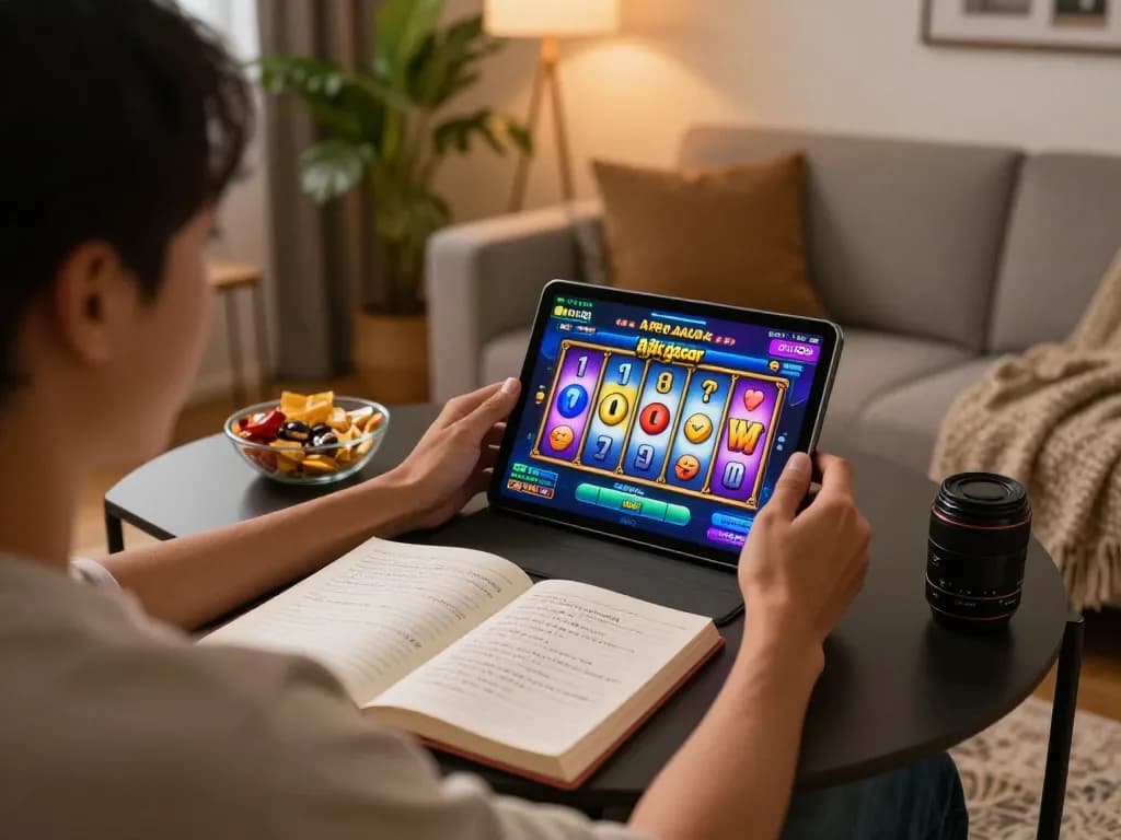 Engaging session playing apk gacor slots on a tablet in a cozy home setting.