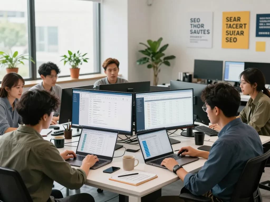 Team of SEO specialists working collaboratively in a modern office, showcasing NYC SEO Company expertise.
