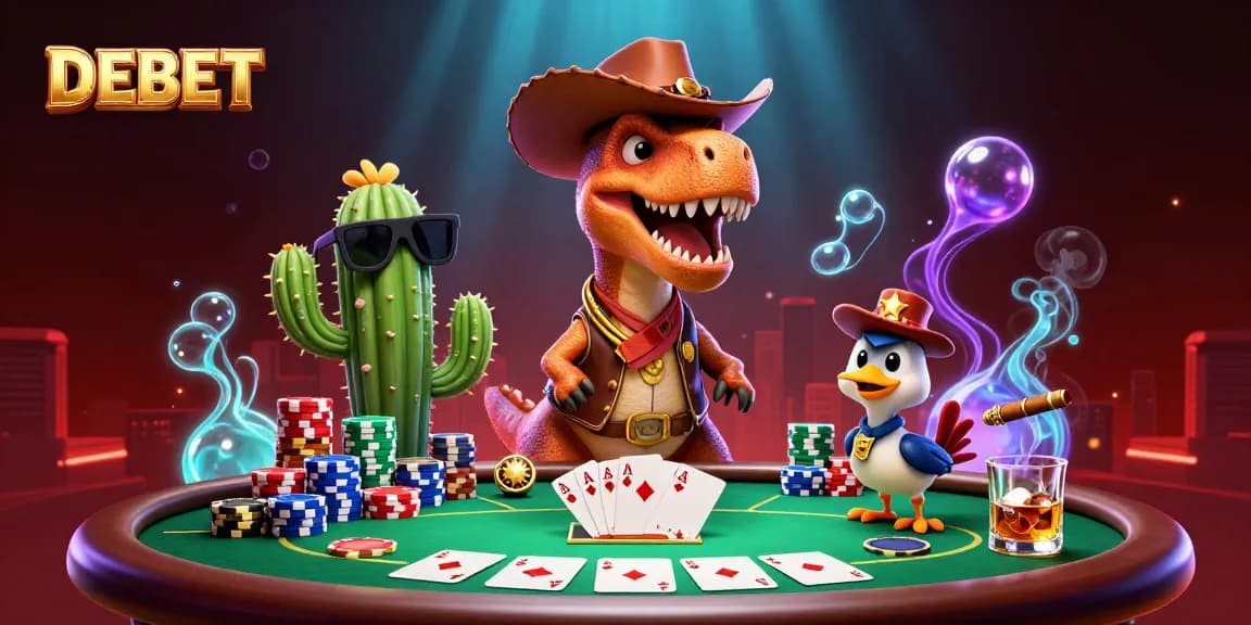 Join DEBET's exciting card game scene featuring a cheerful dinosaur and friends!