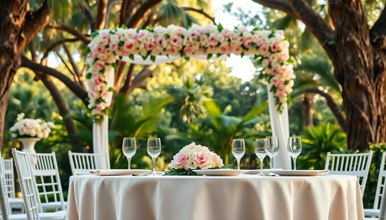 Stunning outdoor setup showcasing a Jacksonville Wedding Venue with a floral arch and elegant table settings.