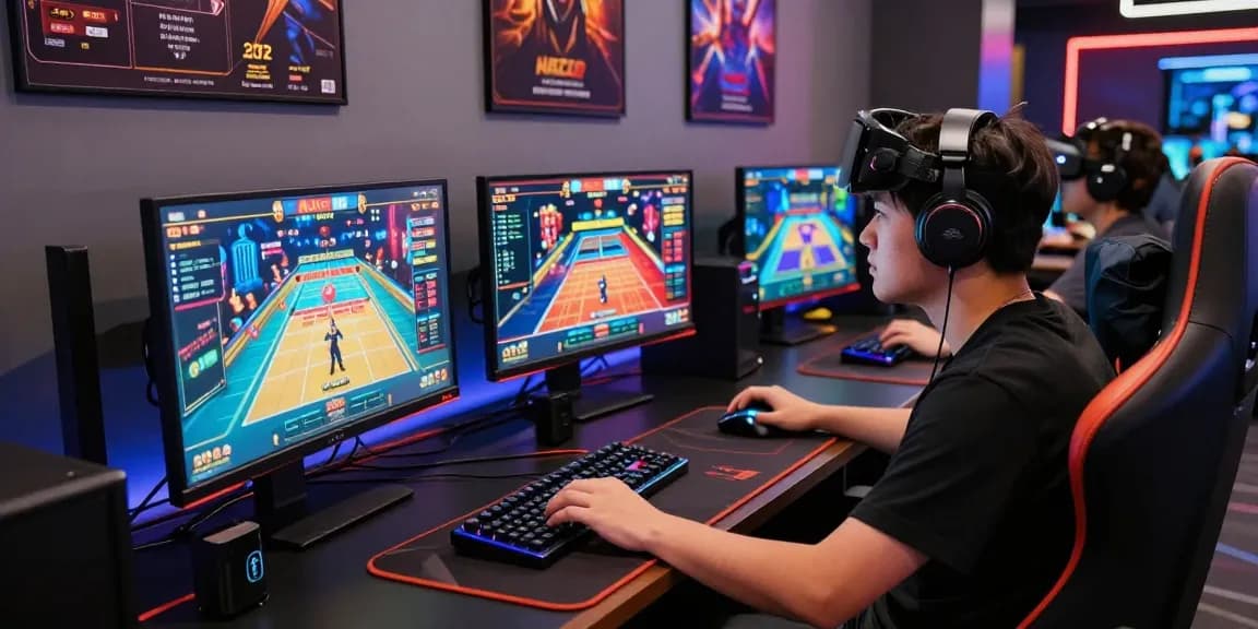 Experience the thrill of online gaming at https://naga2000.tech with multi-screen setups and vibrant lighting.