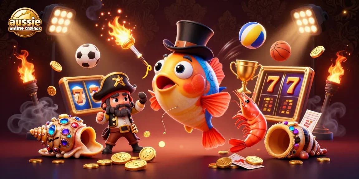 Aussie online casinos scene showcasing animated anglerfish and pirate shrimp attracting gold coins among slot game elements.