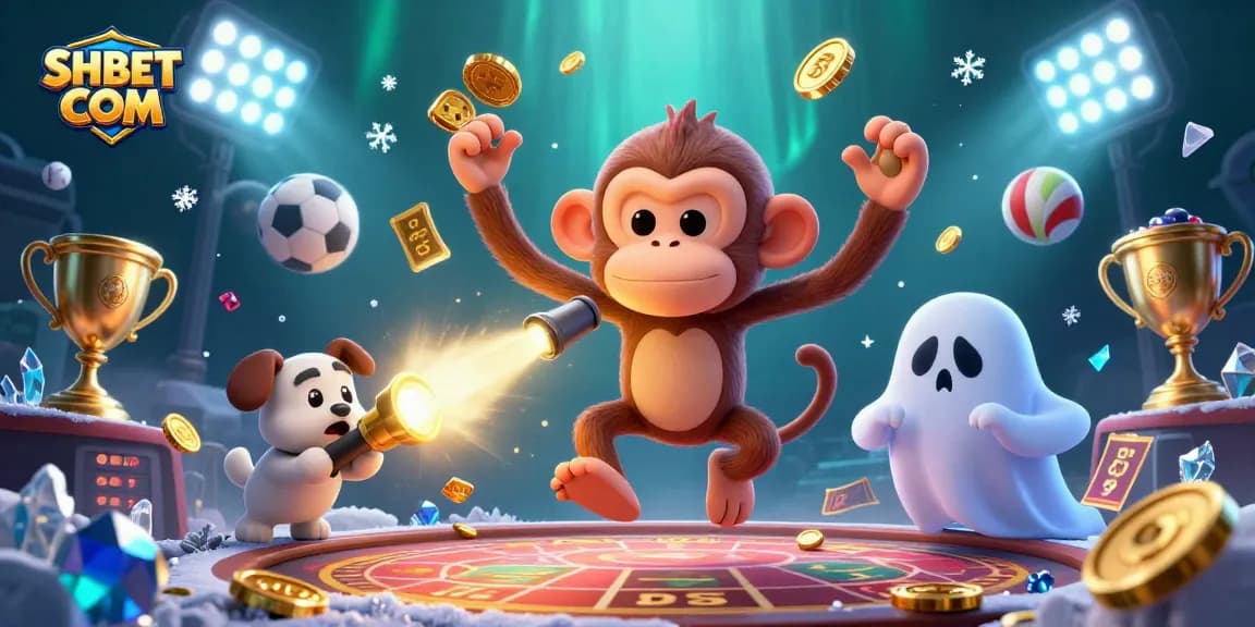 Engage with the spirited SHBET COM atmosphere as a playful monkey juggles riches in a lively casino scene.
