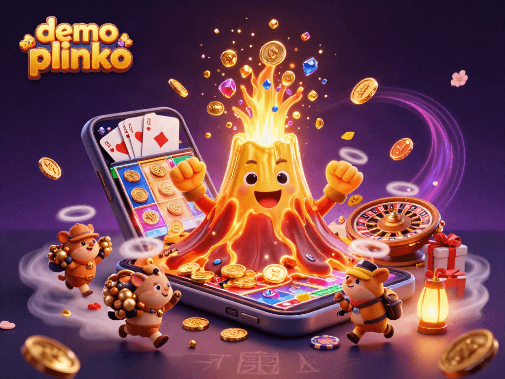 Spin to win with demo plinko as a golden volcano erupts gems and coins in vibrant 3D!