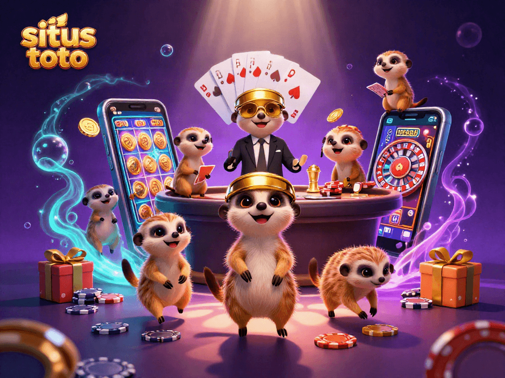 Situs toto highlights an engaging scene of meerkats running a casino with vibrant game elements.
