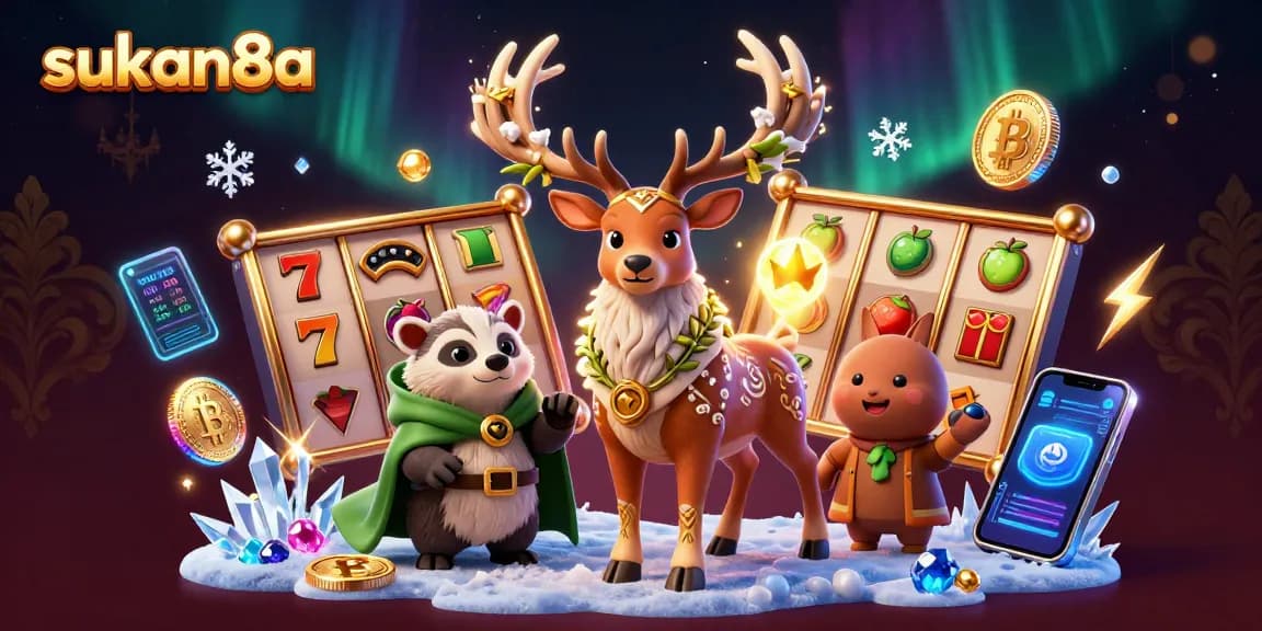 Sukan8a showcases a vibrant 3D casino scene featuring characters and slot elements, enhancing gaming excitement.