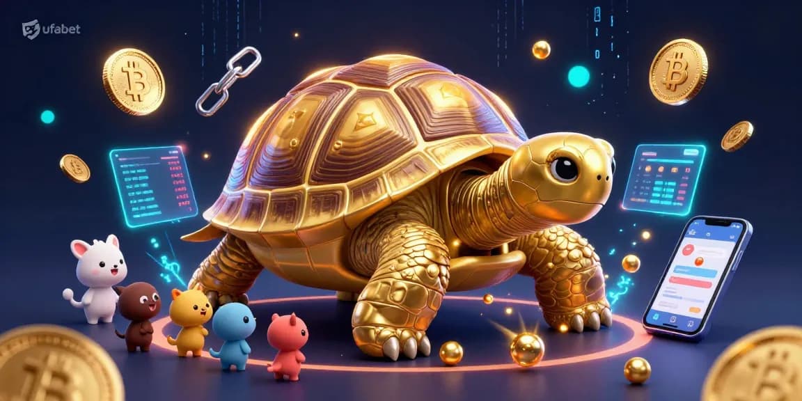 Engage in exciting gameplay with ufabet as small animals enjoy a pinball machine tortoise, surrounded by neon cryptocurrencies.