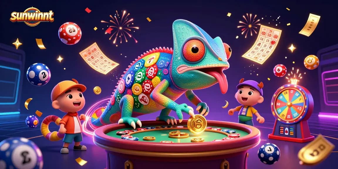 Engage with the vibrant sunwinnt casino scene featuring dynamic lottery elements and a colorful chameleon mascot.