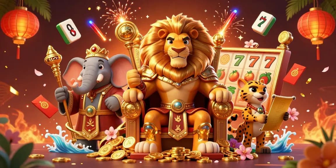 Experience thrilling slot gameplay with a king, elephant advisor, and cheetah messenger in a rich casino illustration.
