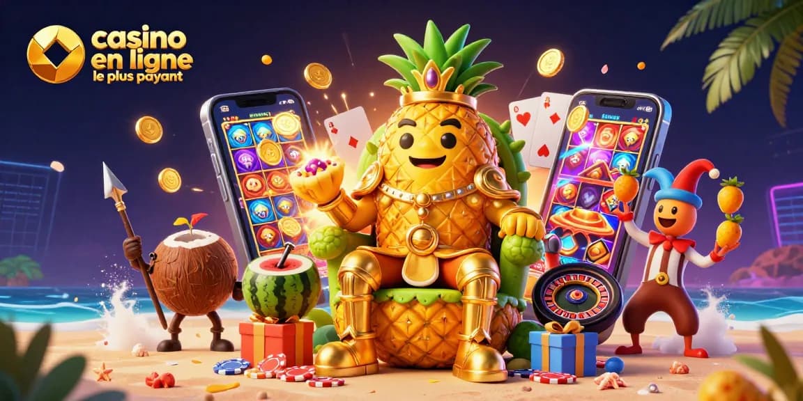 Illustration du casino en ligne le plus payant, mettant en scène un roi ananas et des personnages de casino dynamiques.