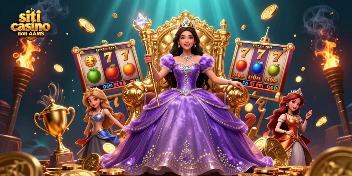 Lasciati coinvolgere da un gioco emozionante nei siti casino non AAMS, che mostrano una scena glamour di una principessa tra rulli di slot e monete d'oro.