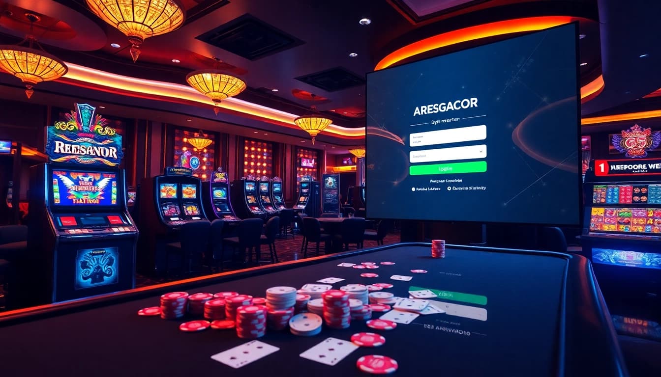 Experience the thrill of login aresgacor with luxurious casino elements like slot machines and poker chips.