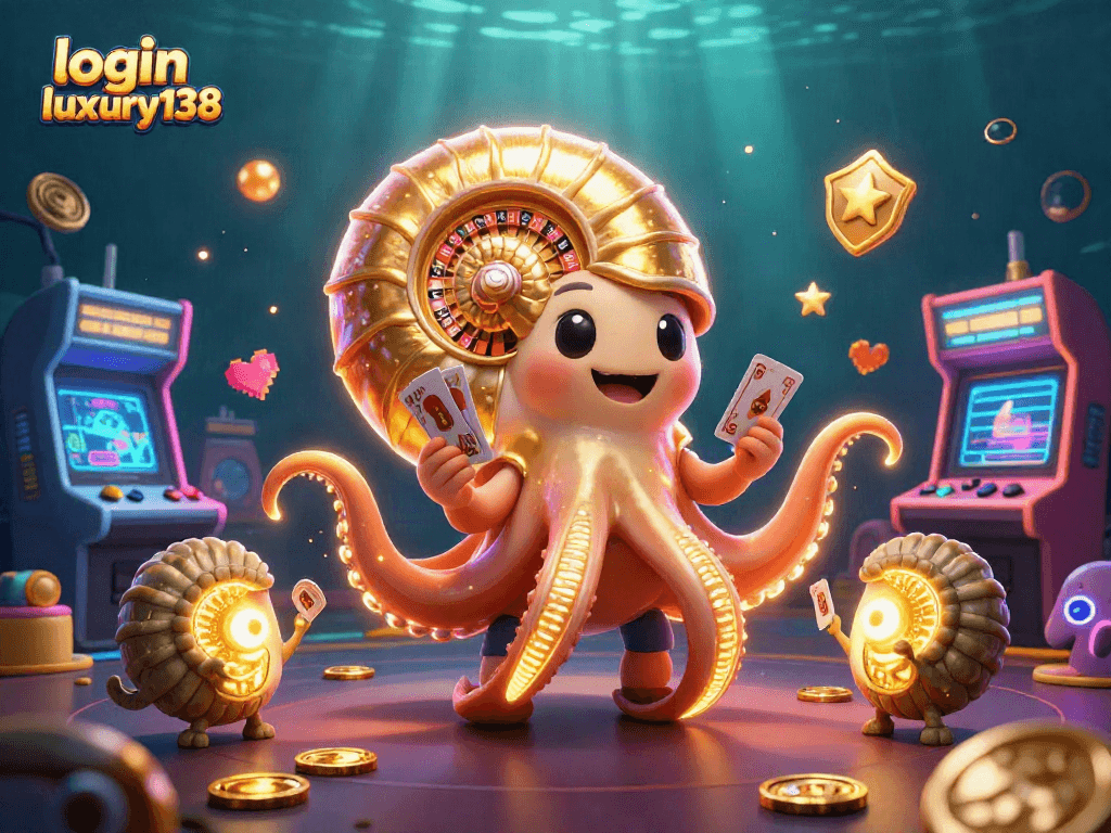 Permainan seru di login luxury138 dengan nautilus 3D yang memegang kartu dan elemen kasino yang bersinar.