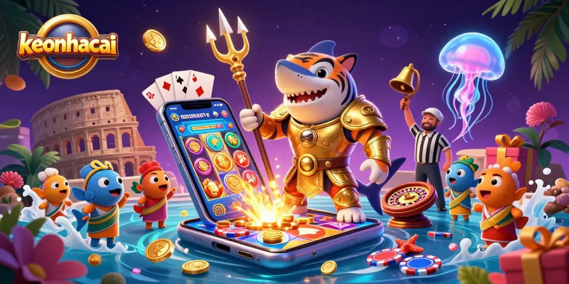 Engage with keonhacai as a fierce tiger shark in golden armor rules an underwater casino arena.