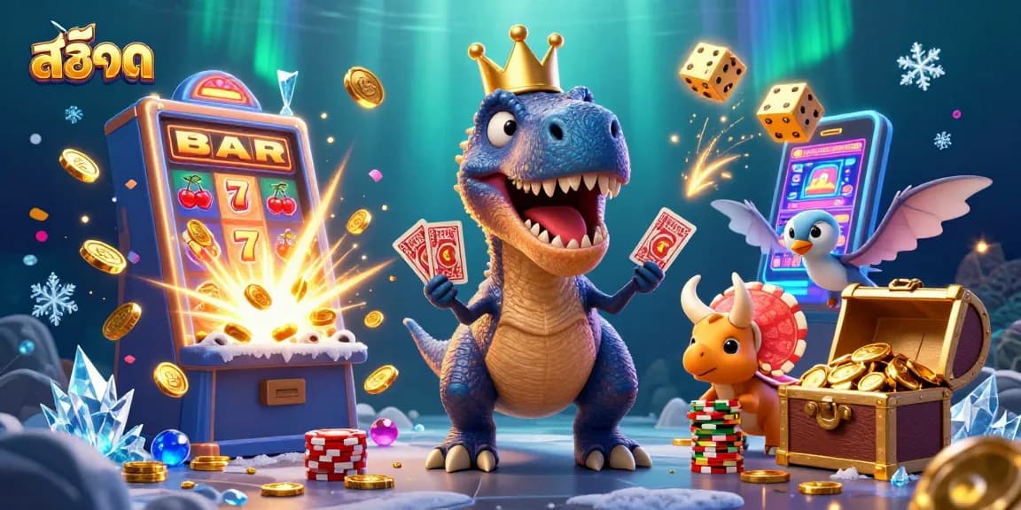 Engage with สล็อต strategies through a vibrant 3D casino illustration featuring charming dinosaur characters.