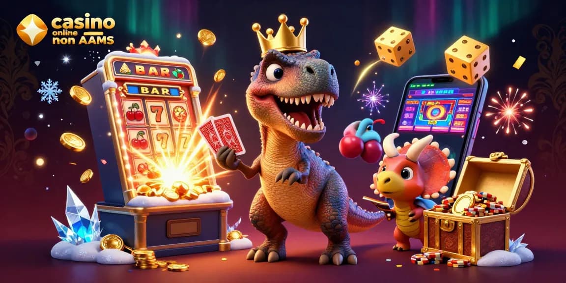 Giocatori nel casino online non AAMS: T-Rex che gioca a carte mentre un pterodattile aiuta, con simboli delle slot e monete che volano nell'aria.