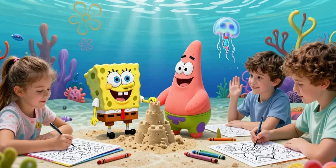Superhero coloring pages featuring Patrick Star engaging in fun underwater activities with kids.
