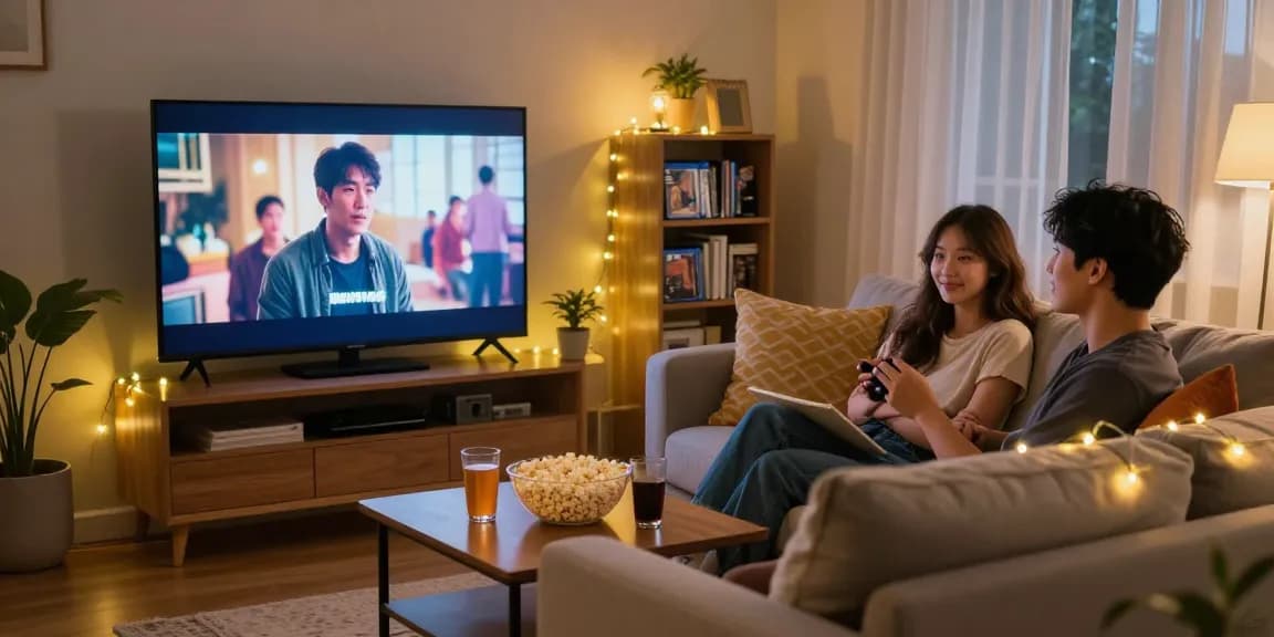 Enjoying situs film jav terbaru in a cozy living room with popcorn and drinks.