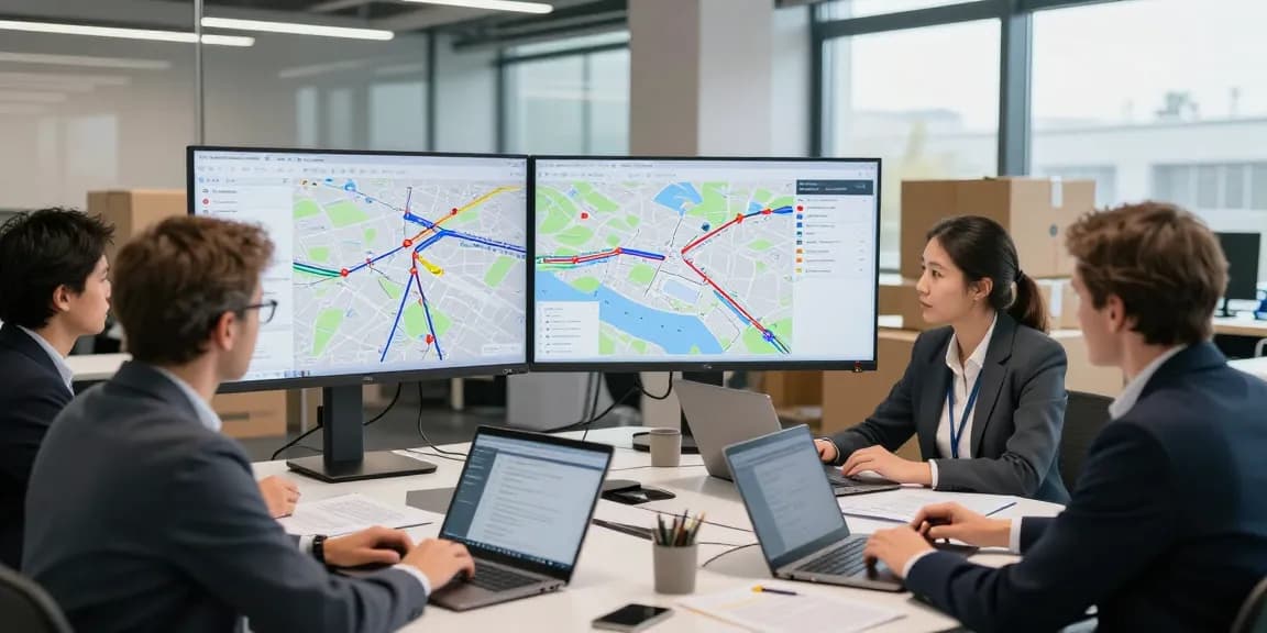 Internationaler Transport Dortmund - Profis analysieren Logistikrouten in modernem Büro.