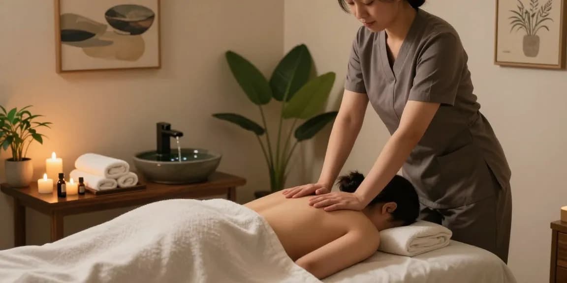 Experience a relaxing 신촌출장마사지 in a serene home ambiance with a professional therapist, candles, and calming details.
