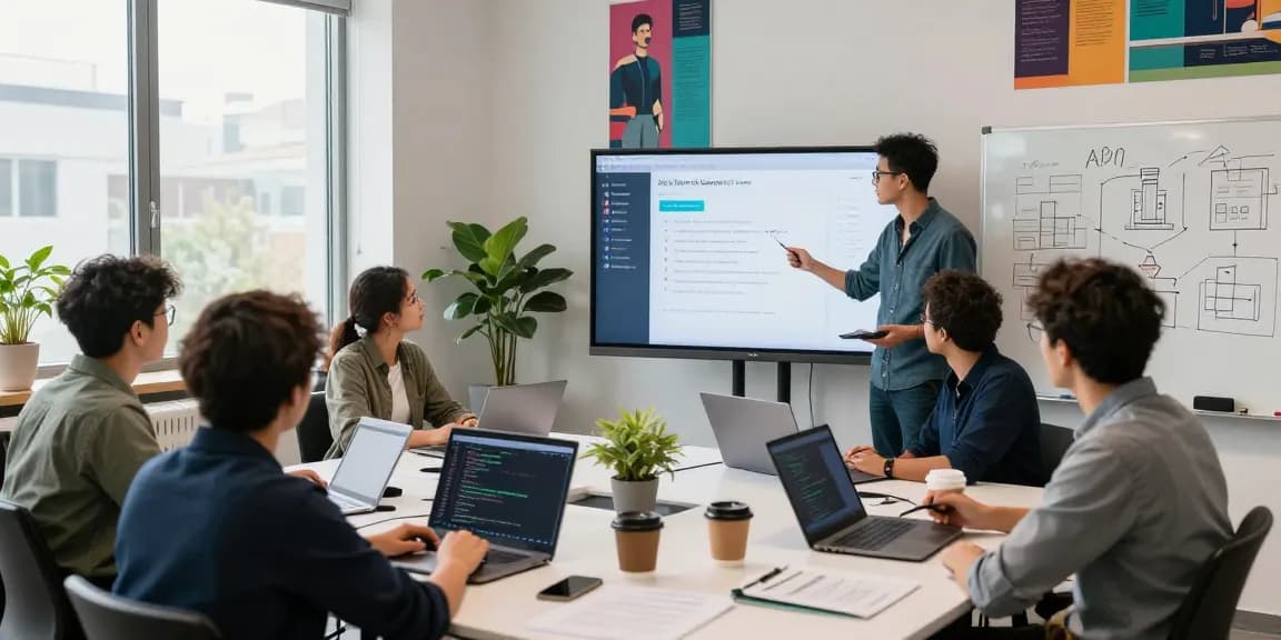 Waygrid team collaborating in a modern workspace showcasing API management solutions with laptops and digital data.